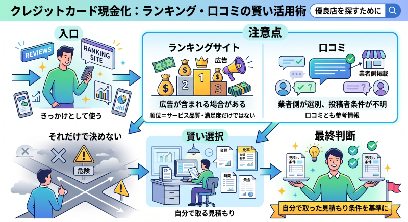 クレジットカード現金化優良店を探すときにランキングや口コミを見るときの注意点